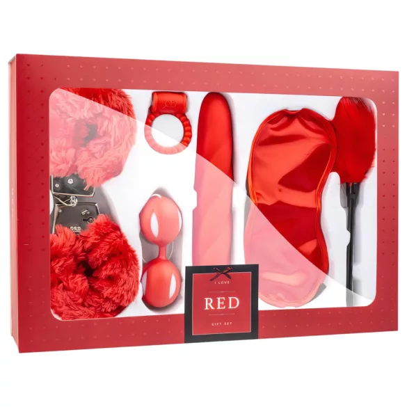 LoveBoxxx Jeg elsker Red - vibratorsett med binder (6 deler) - rød