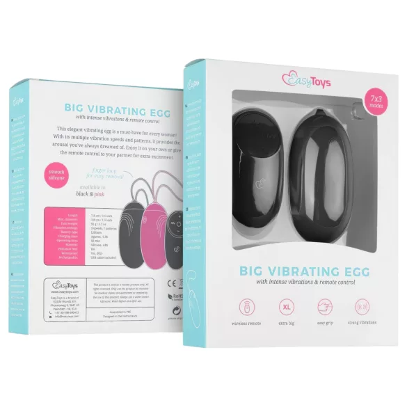 EasyToys - bærbart, oppladbart, vanntett vibrerende egg med fjernkontroll (svart)