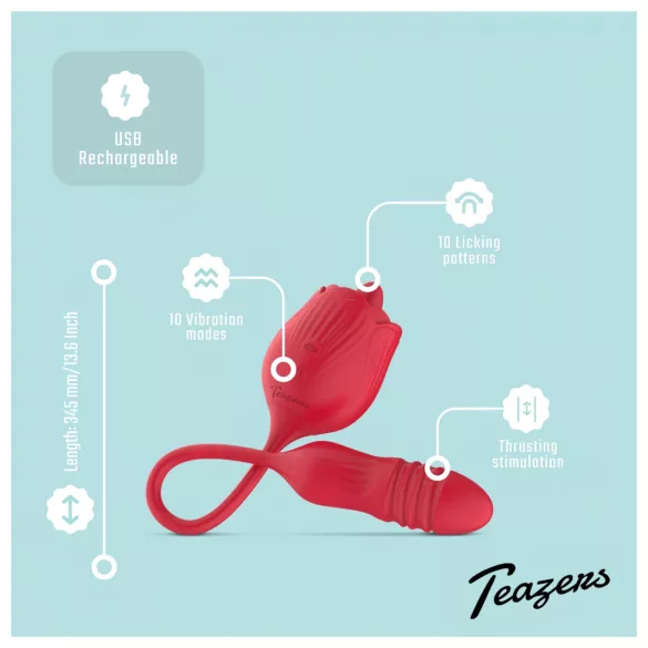 Teazers Rose - støtvibrator med tungeformet klitorisstimulator (rød)