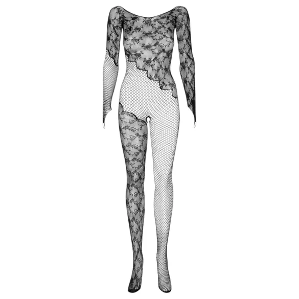 Obsessive F210 - svart nettingcatsuit med roser og lange ermer (S-L)